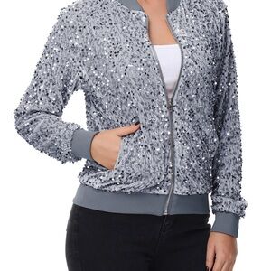Sparkly Sequin Sparkly Bomber Jacket Zipper Long Sleeve Glitter Sz M (O1)
